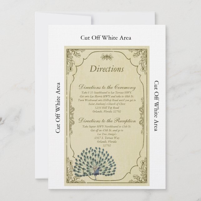Carte vintage de directions de mariage de paon (Devant)