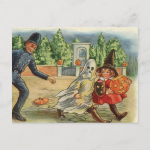 Carte vintage de Halloween - policier et enfants