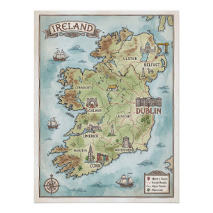 Carte vintage de l'Irlande - Affiche de l'île d'Ém