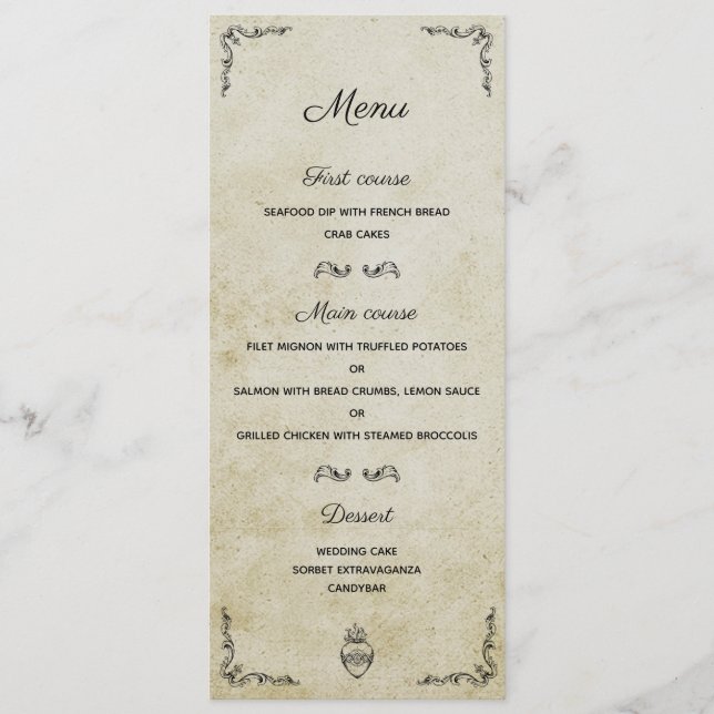 Carte vintage de menu mariage romantique (Devant)