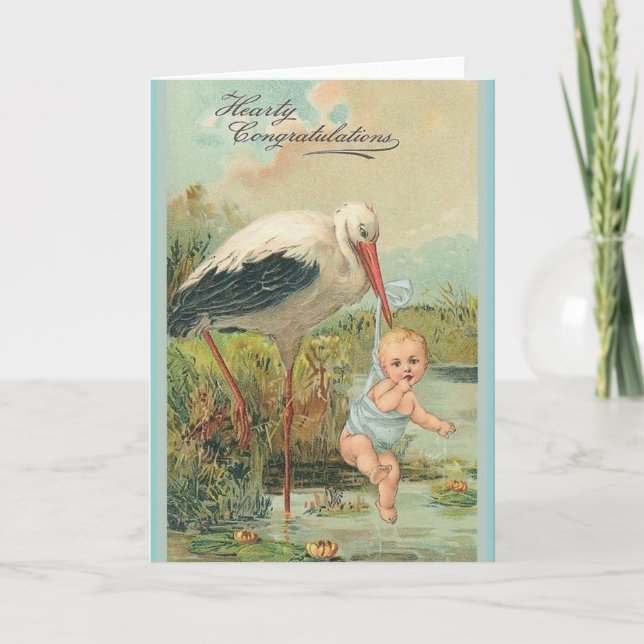 Carte vintage de voeux pour bébé et cigogne (Devant)