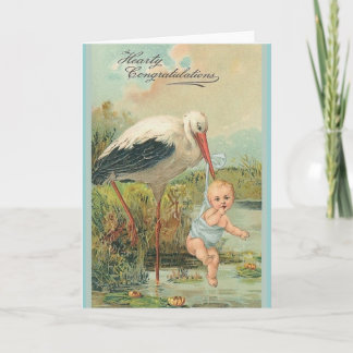 Carte vintage de voeux pour bébé et cigogne