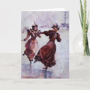 Carte Vintage - Deux Femmes Patinage Sur Glace,