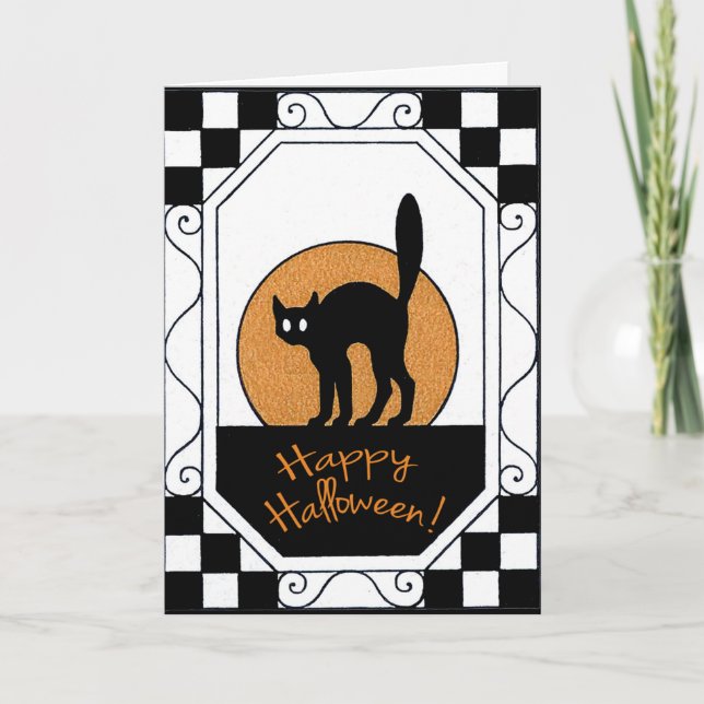 Carte vintage d'Halloween Chat noir et Lune (Devant)