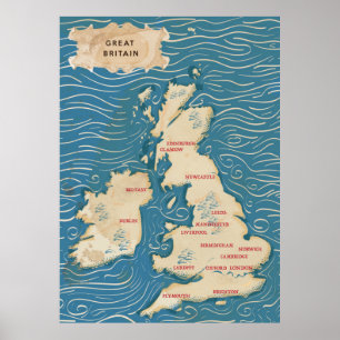 Carte Vintage du Royaume-Uni Affiche