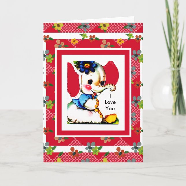 Carte vintage éléphant rouge je t'aime (Devant)