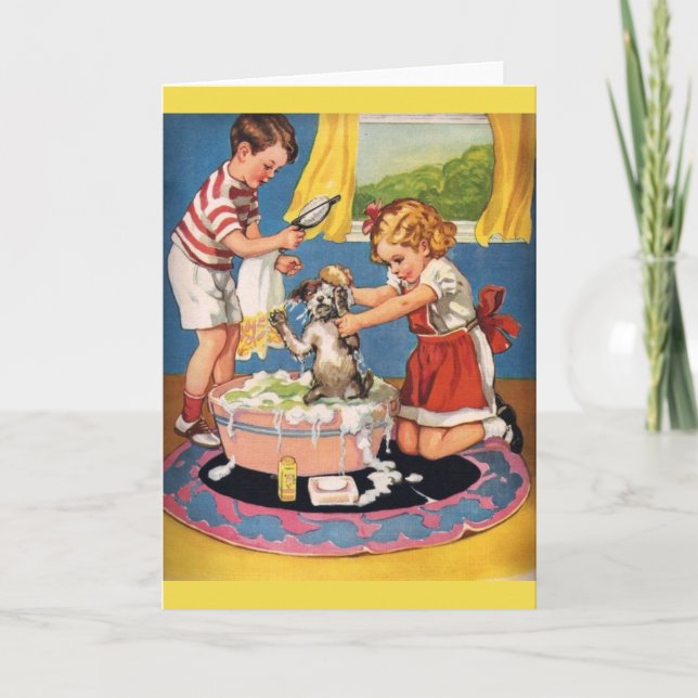 Carte Vintage - Enfants Baignant Leur Chien, (Devant)