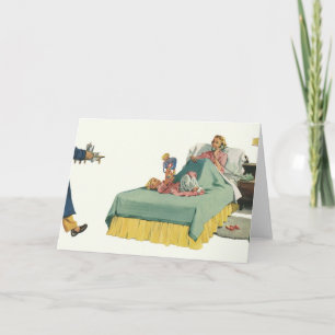 Carte Vintage Family Serving Mom Petit déjeuner en Bed