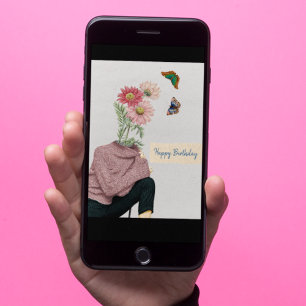 Carte Vintage Femme Daisies Papillons Joyeux Anniversair