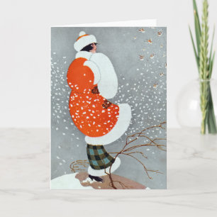 Carte Vintage femme hivernale rétro neige rouge gris bla