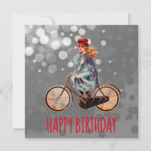 Carte Vintage fille à vélo - Anniversaire