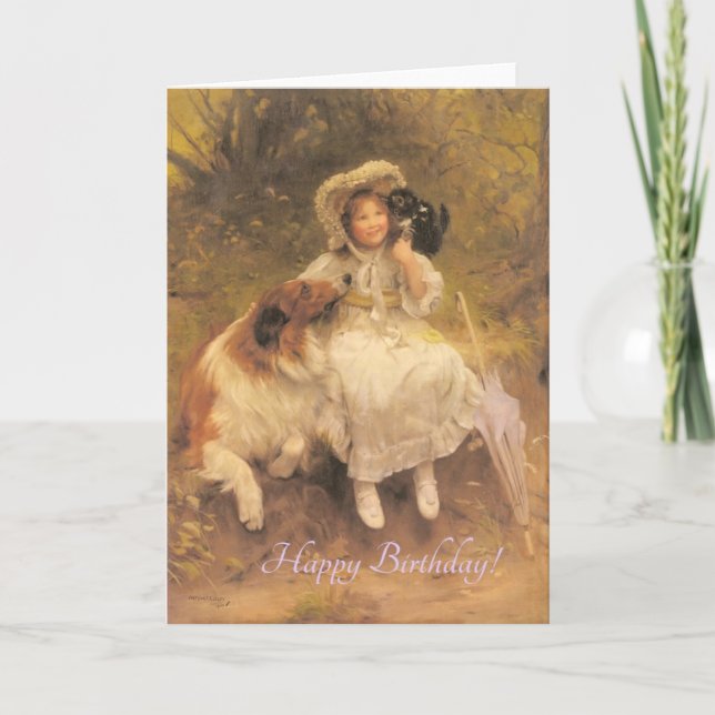 Carte Vintage Fille Avec Animaux, Anniversaire (Devant)