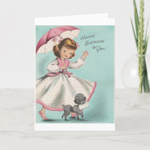 Carte Vintage - Fille d'anniversaire avec caniche,