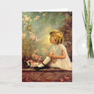 Carte Vintage fille et oiseau