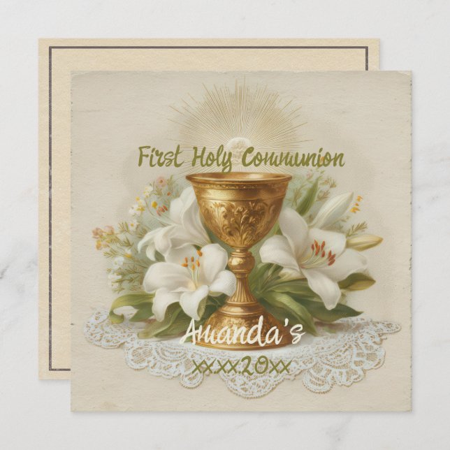 Carte Vintage First Holy Communion Chalice White Lilies (Devant / Derrière)