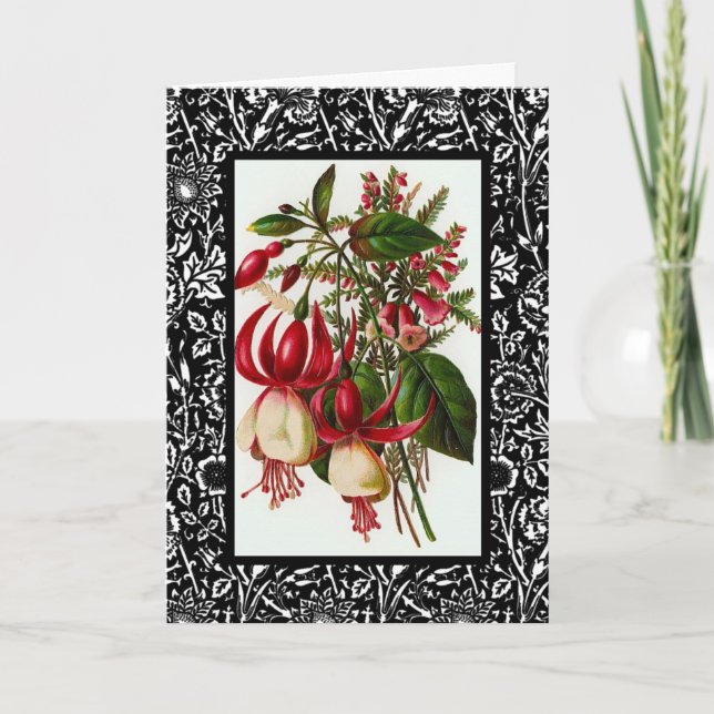Carte vintage Fleurs Rouges Cadre Noir Blanc (Devant)