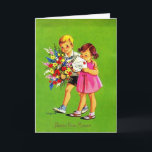 Carte Vintage French - Bonne Fete Maman,<br><div class="desc">A vintage French birthday card image for Mother. The card features a young boy and girl wishing their mother a happy birthday. The boy carries a big bouquet of flowers and the girl is sealing the envelope of a birthday message. On the front of the card is says in French...</div>