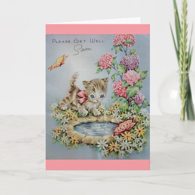 Carte Vintage Get Well - Kitten et Butterflies (Devant)