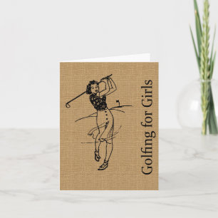 Carte Vintage Girl Golfer on Faux Burlap Decorative