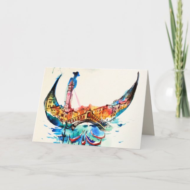 Carte Vintage Gondola Venise Ville Voyage Amour Aquarell (Devant)