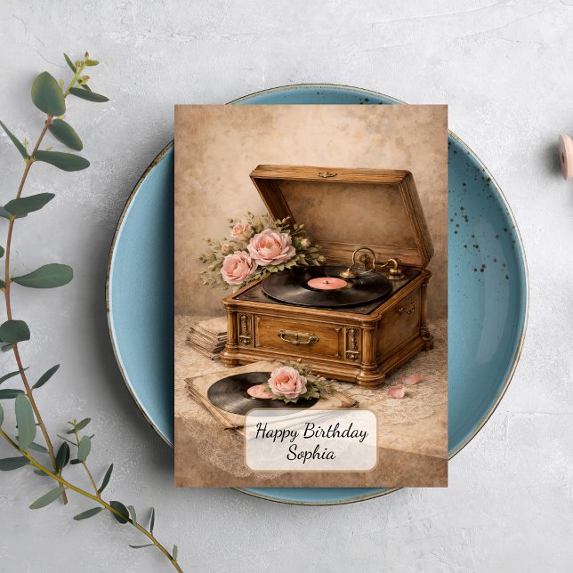 Carte Vintage Gramophone with Roses (Créateur téléchargé)