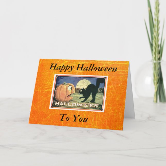 Carte Vintage Halloween Citrouille avec chat noir (Devant)