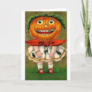 Carte Vintage Halloween Citrouille Head Girl