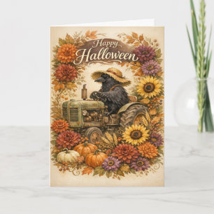 Carte Vintage Halloween Corbeau Tracteur Récolte