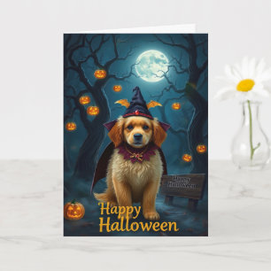 Carte Vintage Halloween Cute Pup avec Lanterne Citrouill
