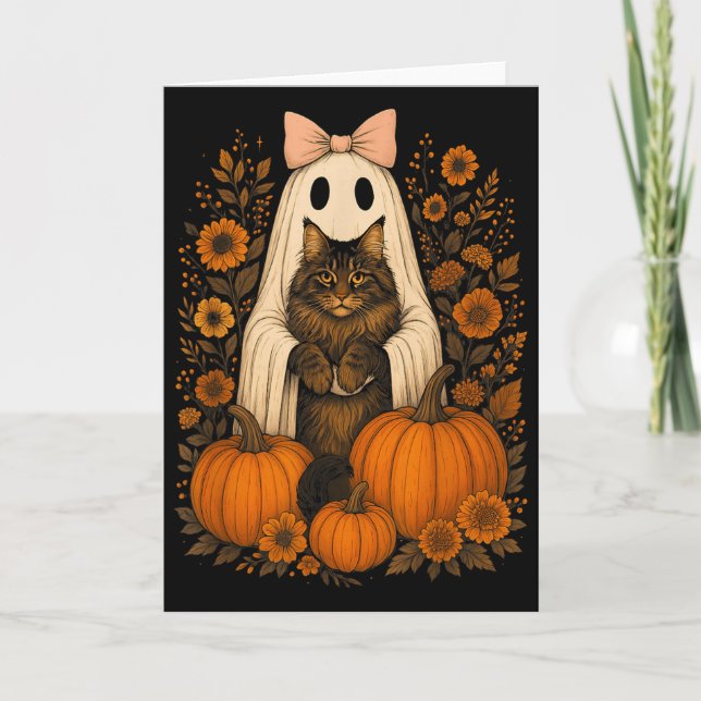 Carte Vintage Halloween Ghost Holding Maine Coon Cat  (Devant)