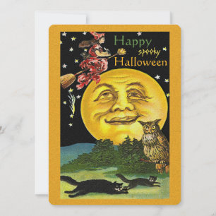 Carte Vintage Halloween Lune, sorcière, hibou et chats