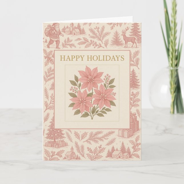 Carte Vintage Holiday Card with Pink Poinsettias (Devant)