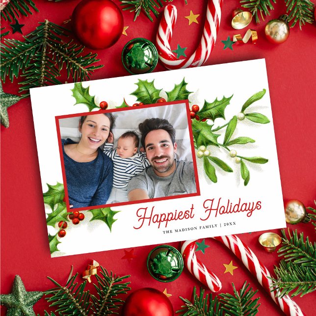 Carte vintage Holly Mistletoe Photo Holiday (Créateur téléchargé)