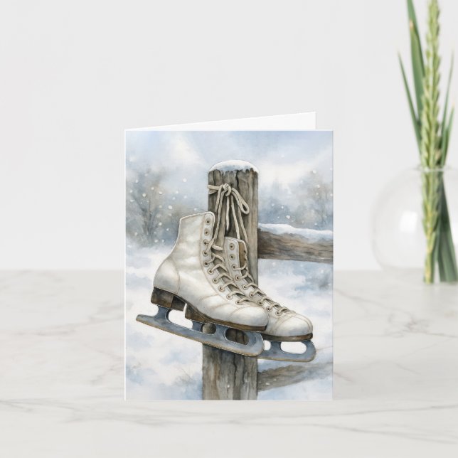 Carte Vintage Ice Skates On Fence Post (Devant)