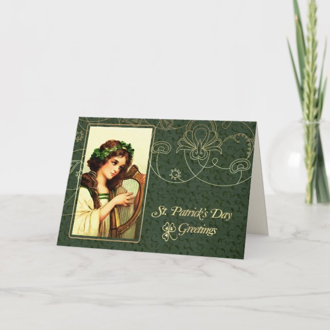 Carte Vintage irlandaise fille avec harpe St. Patrick's  (Devant)
