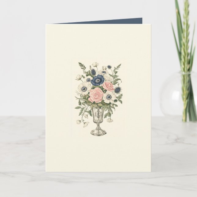 Carte Vintage ivoire rose bleu mauve fleurs vertes (Devant)
