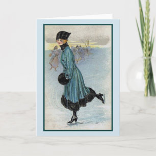 Carte Vintage - Jolie Lady Patinage sur glace,