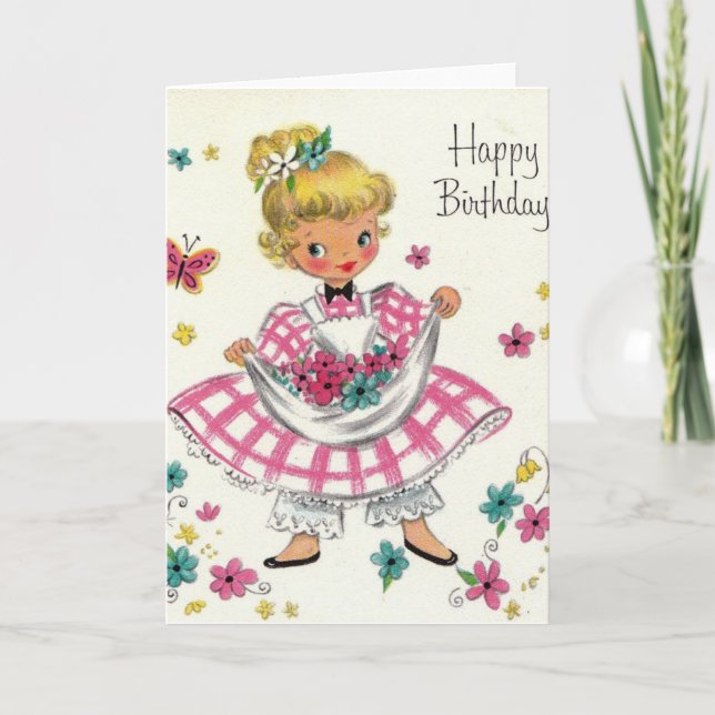 Carte Vintage Joyeuse fille d'anniversaire en robe (Devant)