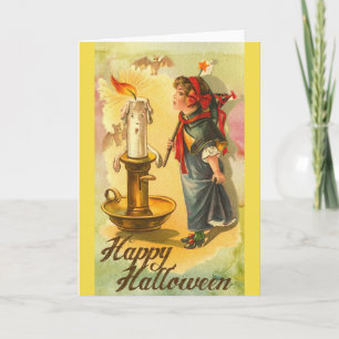 Carte Vintage Joyeuse Fille Halloween soufflant la bougi