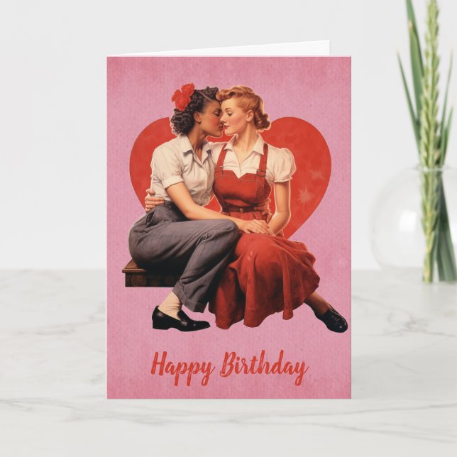 Carte Vintage Joyeux Anniversaire Lesbian Couple (Devant)