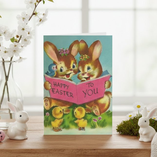 Carte Vintage Joyeux Pâques Pour Vous Bunnies Personnali (Vintage Happy Easter To You Bunnies Custom Easter Card)