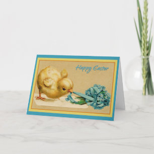 Carte Vintage Joyeux poussin de Pâques avec fleurs bleue