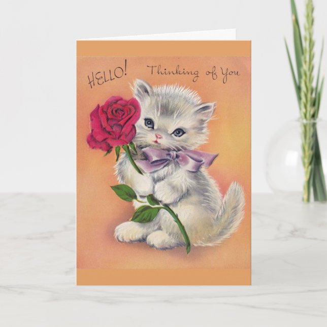 Carte Vintage - Kitten Offre un Rose, (Devant)