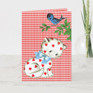 Carte Vintage Kitty avec un oiseau