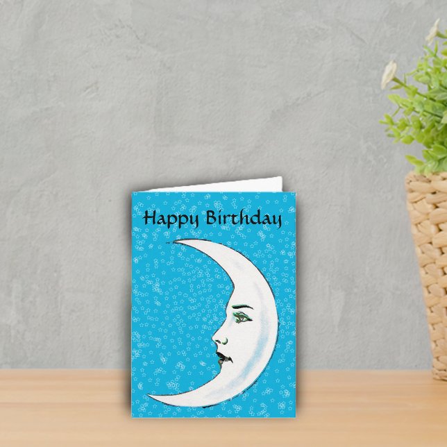 Carte Vintage Lune blanche visage Etoiles blanches Anniv (White Gothic looking crescent moon black lips white stars on vibrant blue Birthday greeting card.)