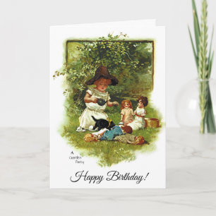 Carte Vintage Mignonne Fille Au Jardin Anniversaire