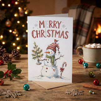 Carte Vintage Noël Bonhomme de Neige Aquarelle Rustique