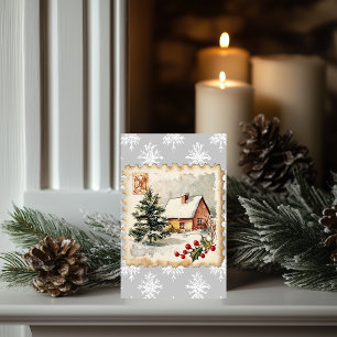 Carte Vintage Noël Cottage Postage Timbre