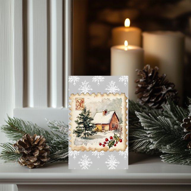 Carte Vintage Noël Cottage Postage Timbre (Créateur téléchargé)