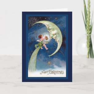 Carte Vintage Noël Croissant Lune avec chérub Vacances